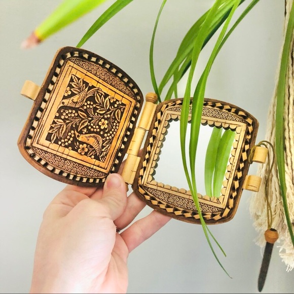Hand Carved Wood Leather Bird Floral Pocket Mirror